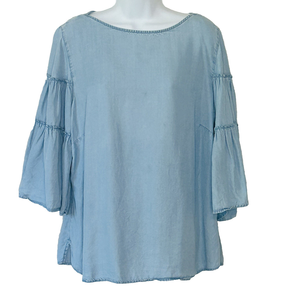 J Jill Boho Chambray Top Size L Blue 3/4 Bell Sleeves Soft Comfy Blouse